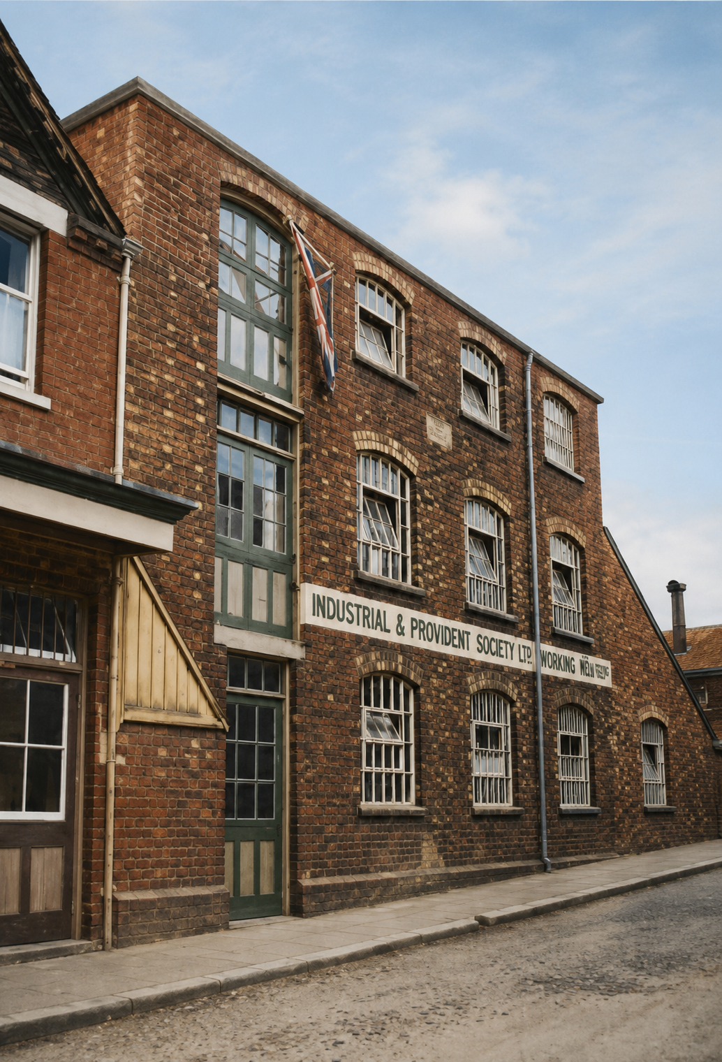 The Co-operative Industrial & Provident Society Ltd. Working Men's premises on Thrift Street — three-storey brick building, arched windows, Union Jack flying