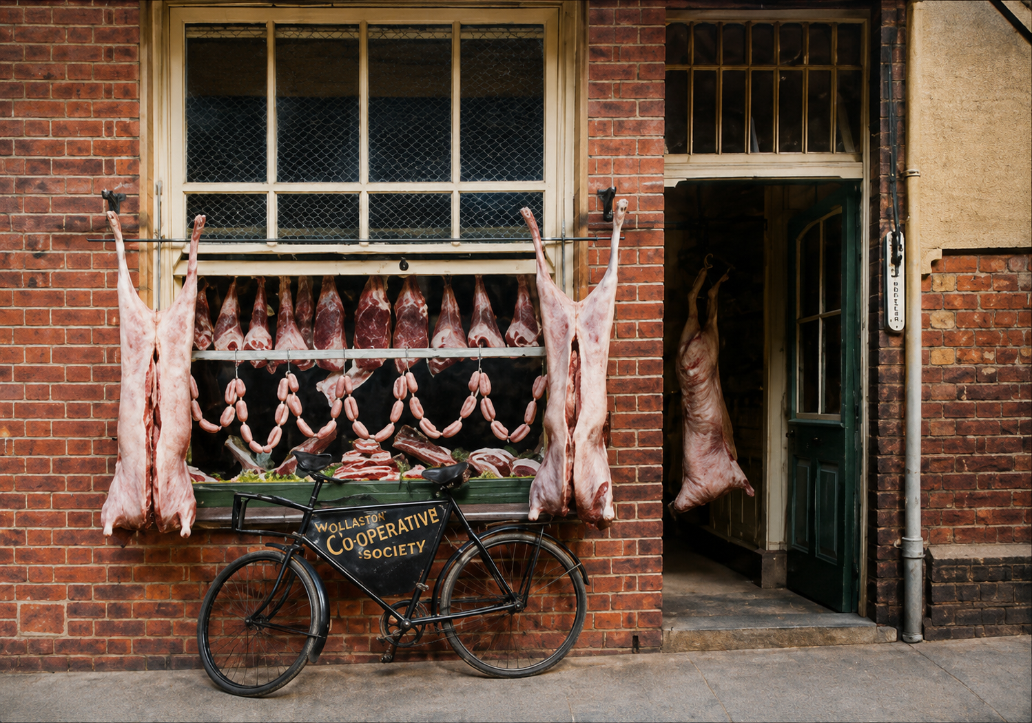 The Co-op butcher's shopfront with the Wollaston Co-operative Society delivery bicycle